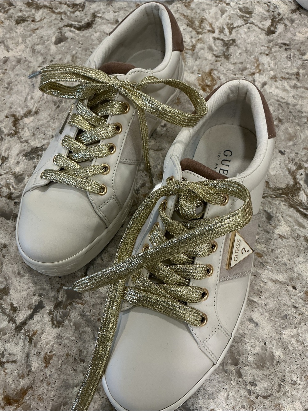 Guess White Sneakers with Gold Glitter Laces 7 .5